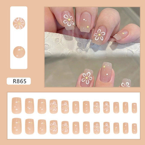 Faux Ongles Marguerite Carré Court Plastique ABS Dégradé Rose Nude Brillant Style Doux Pour Femmes Manucure Amovible