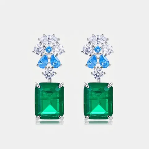 Pendientes Colgantes de Plata de Ley 925 con Esmeralda Sintética Vintage para Mujer Joyería de Lujo con Circonia Geométrica