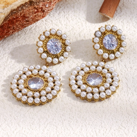 Vintage Baroque Drop Earrings Stainless Steel 18K Gold Plated Zircon Imitation Artificial Pearl Luxury Jewelry For Women