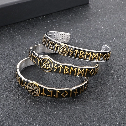 Vintage Viking Rune Cuff Bracelet Stainless Steel Nordic Mythology Valknut Vegvisir Bangle For Men