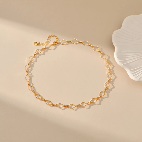 Minimalistische Geometrische Ruit Link Choker Ketting 18K Verguld Koper Hol Ontwerp Chique Sieraden Voor Dames