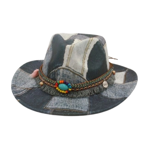 Bohemian Denim Patchwork Fedora Hat With Turquoise Tassels Ethnic Cowboy Style Wide Brim Jazz Sun Hat For Women