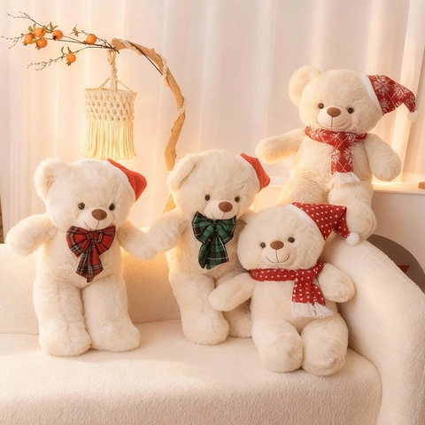 Weicher Plüsch Weihnachts Teddybär Stofftier Mit Roter Mütze Schal Fliege Für Feiertagsdekor Süße Komfortpuppe Geschenk