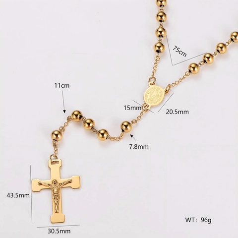 Collar De Rosario Católico Acero Inoxidable 304 Cuentas Redondas Colgante De Cruz Medalla San Benito Joyería Religiosa Hombre Mujer