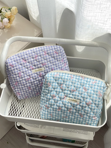 Quilted Makeup Bag Gingham Check Pattern Cotton Travel Cosmetic Storage Pouch Large Capacity Zipper Bow Decor Women