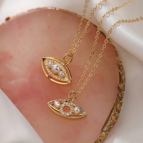 Evil Eye Anhänger Halskette Echt Gold Vergoldet Kupfer Mit Zirkonia Und Imitationsperle Modeschmuck Für Damen