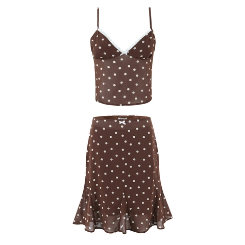 Polka Dot Camisole Top Und Rock Mit Rüschensaum Retro Rückenfrei Spitzenbesatz V Ausschnitt Braun Chiffon Stil Damen