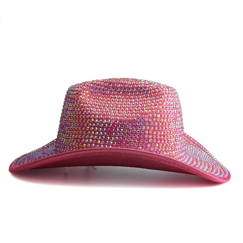 Handmade Rhinestone Western Cowboy Hat Women Vintage Woolen Wide Brim Fedora Hat Sparkly Party Performance Jazz Hat