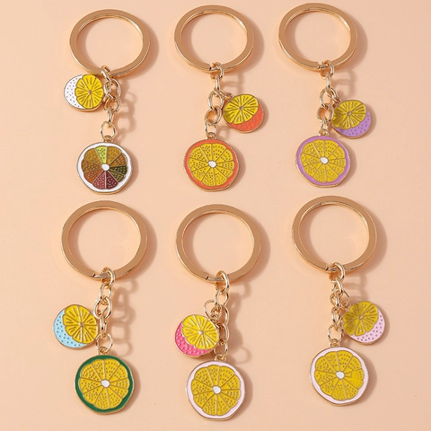 Lindo Llavero de Rodaja de Fruta Metal Esmalte Limón Naranja Rodaja de Cítrico Llavero Colgante de Bolso Accesorio de Regalo