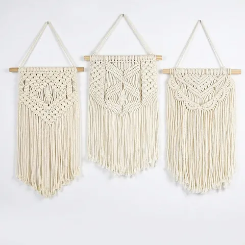 Boho Macrame Wall Hanging Handmade Cotton Rope Woven Tapestry With Wooden Stick Tassel Art Decor For Living Room