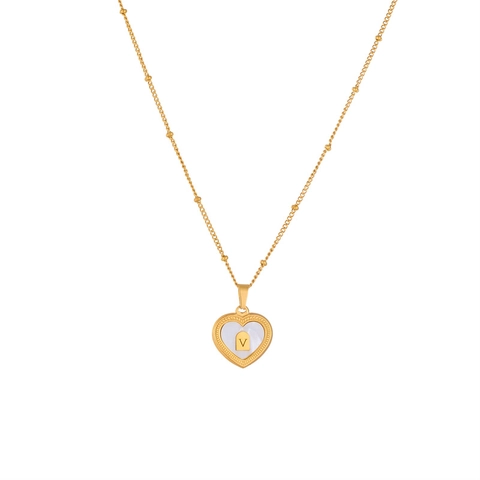 Collana Con Pendente A Cuore Placcata Oro Acciaio Al Titanio Madreperla Lettera V Elegante Per Donna