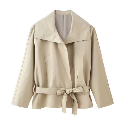 Women Short Trench Coat Khaki Polyester Belted Lapel Jacket Long Sleeve Elegant Casual Spring Outerwear