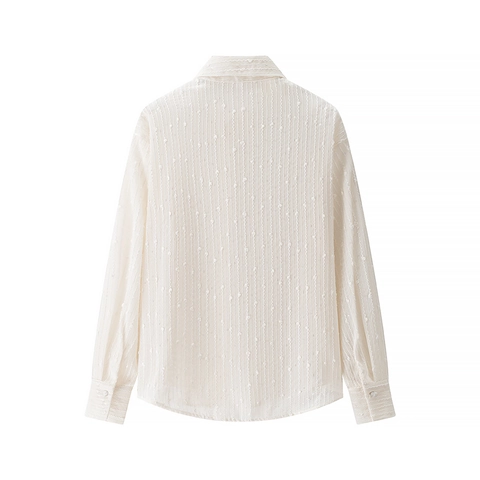 Women Long Sleeve Blouse Jacquard Textured Vertical Stripe Dotted Loose Casual Semi Open Collar Shirt