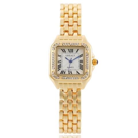 Ladies Quartz Watch Square Round White Dial Alloy Link Bracelet Rhinestone Roman Numerals Elegant Casual Retro Timepiece