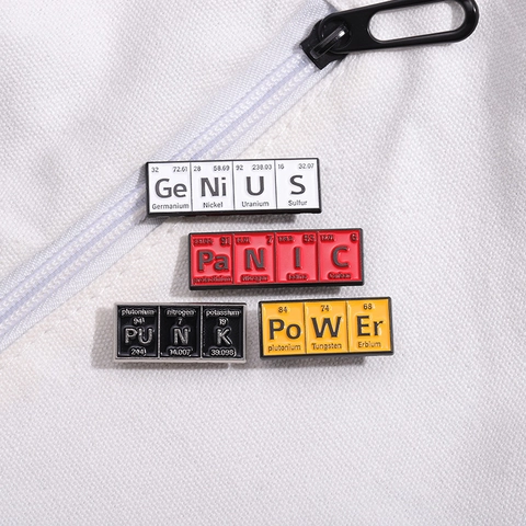 Kreative Periodensystem Periodische Elemente Emaille Brosche Genius Panic Punk Power Wissenschaft Geek Emaille Pins Zinklegierung Kreative Schmuck Abzeichen