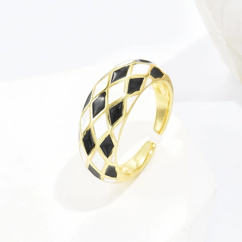 Emaille Rautenmuster Schachbrett Ring 18K Vergoldetes Kupfer Geometrisch Offen Verstellbar Fingerschmuck Damen