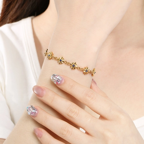 316L Stainless Steel Flower Bracelet Multi Colored Birthstone Gold Plated Dainty Jewelry For Women With Feather Pendant