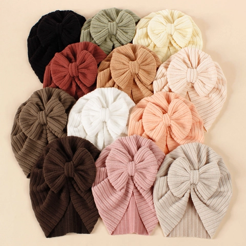 Baby Mädchen Turban Hut Gestrickt Gerippt Schleife Kopfwickel Weich Elastisch Säugling Mütze Indischer Stil Neugeborene