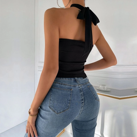 Women Halter Tank Top Ribbed Knit Cross Neck Sleeveless Sexy Slim Fit Backless Solid Color Summer Streetwear