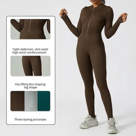 Dames Naadloze Geribbelde Yoga Jumpsuit Lange Mouwen Rits Opstaande Kraag Duimgaten Fitness Workout Sport Bodysuit