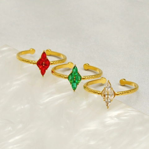 Marquise Zircon Flower Adjustable Ring Hammered Gold Plated Stainless Steel Jewelry For Women French Vintage Style