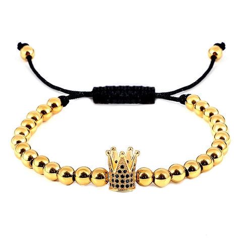 Crown Charm Stainless Steel Beads Adjustable Braided Rope Pavé Black Zirconia Vintage Style Men Bracelet
