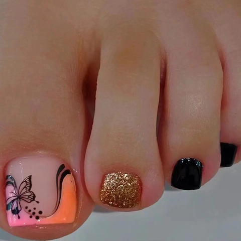 Unghie Finte Piedi Farfalla Nero Rosa Luccicanti French Tip Pedicure Unghie Finte Stile Dolce Cool Donne