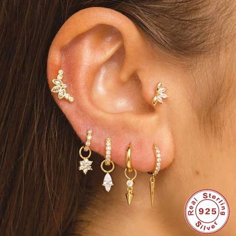 925 Sterling Silver Cartilage Earring Stud Marquise Zircon Flat Back Threaded Piercing Jewelry For Women