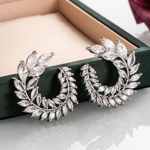 Orecchini A Cerchio Con Foglie Di Alloro Rame Marquise Zircone Elegante Placcato Oro Bianco Gioielli Da Donna