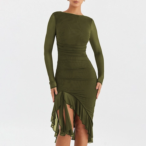 Figurbetontes Midi Kleid Mit Raffungen Netzärmel Rückenfrei Asymmetrischer Rüschensaum Sexy Party Clubwear