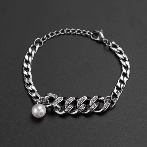 Set Gioielli Catena a Maglie Cubane in Acciaio Inossidabile Con Perla Artificiale e Strass Collana Bracciale Hip Hop per Uomo Donna