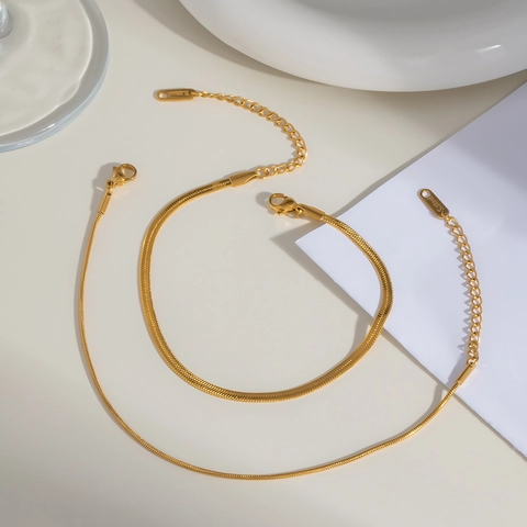 Gold Stainless Steel Snake Chain Anklet Waterproof Hypoallergenic Flat Herringbone Foot Jewelry For Women Girls Adjustable