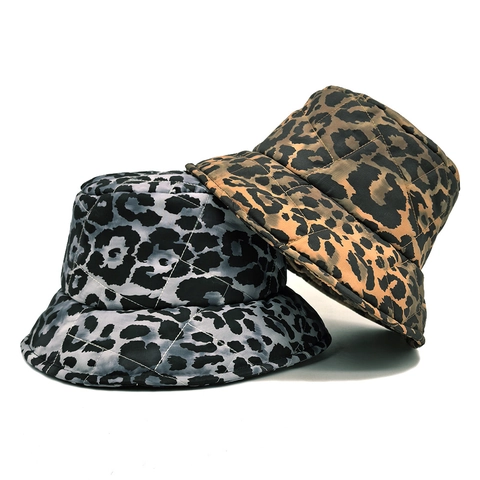 Cappello Alla Pescatora Trapuntato Leopardato Donna Inverno Caldo Imbottito Poliestere Vintage Moda Tesa Larga