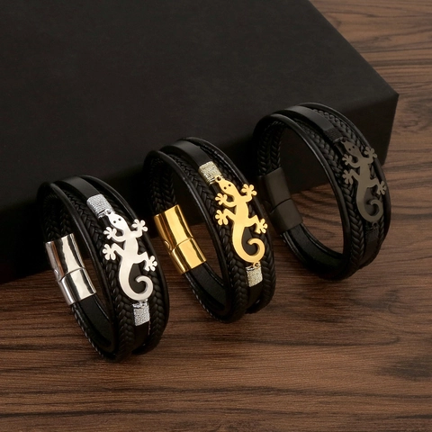 Leather Braided Bracelet Stainless Steel Gecko Lizard Charm Punk Rock Magnetic Clasp Wristband Jewelry For Men