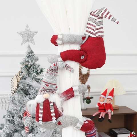 Christmas Gnome Curtain Buckle Knitted Plush Swedish Tomte Tieback Home Holiday Window Decoration Red Grey