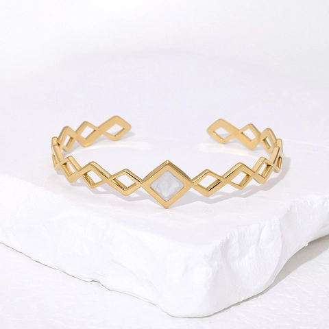 Geometrisches Hohles Rhombus Armreif Edelstahl Vergoldet Mit Schwarzer Emaille Minimalistischer Schmuck Damen