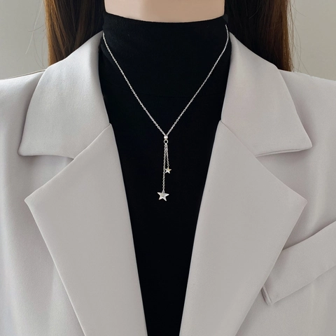 Collana Lariat Con Ciondolo A Stella Acciaio Al Titanio Placcato Oro Doppia Stella Nappa Minimalista Da Donna
