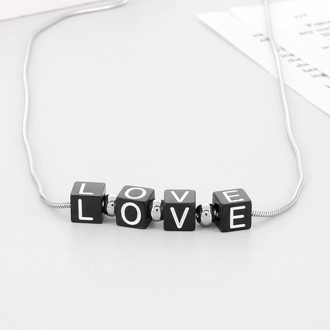 LOVE Letter Necklace Stainless Steel Square Cube Beads Minimalist Snake Chain Jewelry Gift For Couples Men Women