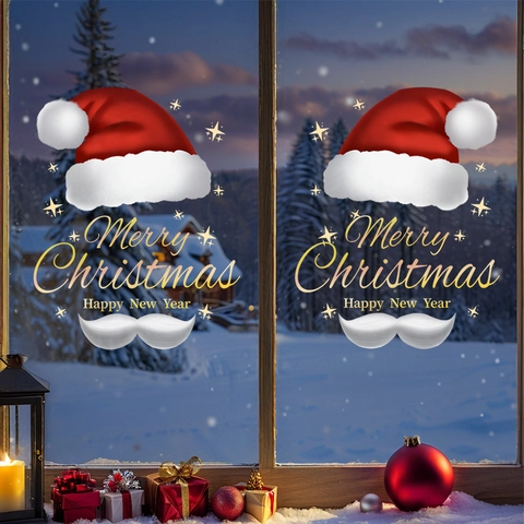 Christmas Window Clings Static Film Double Sided Santa Hat Mustache Merry Christmas Stars Decal Glass Shop Home Holiday Decor