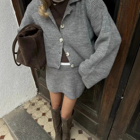 Dames Gebreid Vest En Minirok Reversknoop Top Met Lange Mouwen Geribbeld Winter Herfst Elegante Casual Outfit