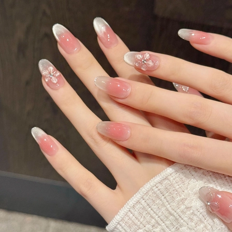 Uñas Postizas Artesanales Degradado Rosa Flores 3D Efecto Ojo De Gato Pedrería Estilo Elegante Almendra Uñas Artificiales