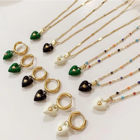 Collar Con Colgante De Corazón Retro Francés Y Pendientes De Aro Acero De Titanio Esmalte Colorido Joyería Para Mujeres Estilo Dulce