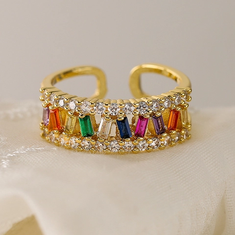 Geometric Copper Gold Plated Adjustable Open Ring With Colorful Zircon And Imitation Artificial Pearl Fashion Jewelry For Women