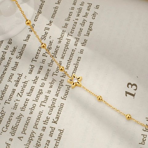 Star Flower Pendant Bracelet Gold Plated Titanium Steel With Zircon Bead Chain Adjustable Minimalist Jewelry For Women