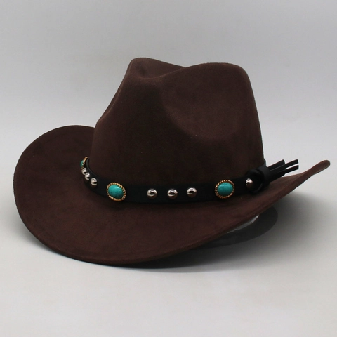 Vintage Western Cowboy Hat Polyester Faux Suede Wide Brim Ethnic Style With Turquoise Leather Band For Men Women