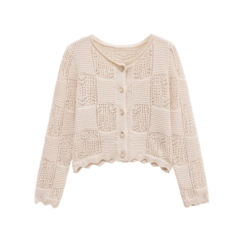 Damen Französischer Vintage Strickjacke Mit Wellenkante Lochmuster Rundhals Langarm Einreihig Kurz Pullover Top Beige