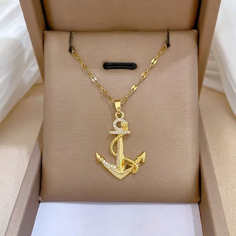 Collana Con Ciondolo Ancora Acciaio Al Titanio Rame Con Zircone Micro Pave Stile Nautico Gioielli Placcati Oro Per Donna