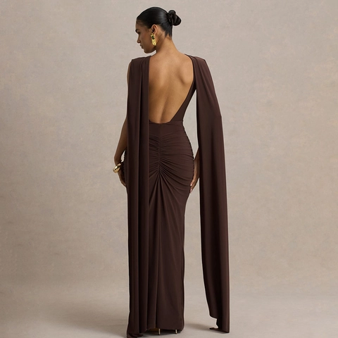Robe De Soirée Sans Manches Polyester Froncée Coupe Ajustée Dos Nu Cape Élégante Party Maxi Pour Femmes