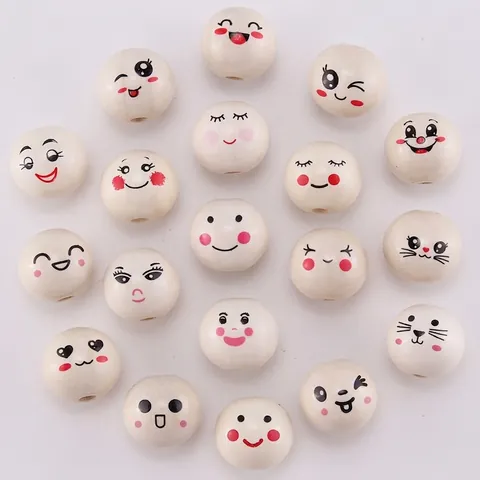 Holzperlen Natur Bedruckt Smiley Gesicht Runde Lose Perlen DIY Handwerk Schmuckherstellung Zubehör