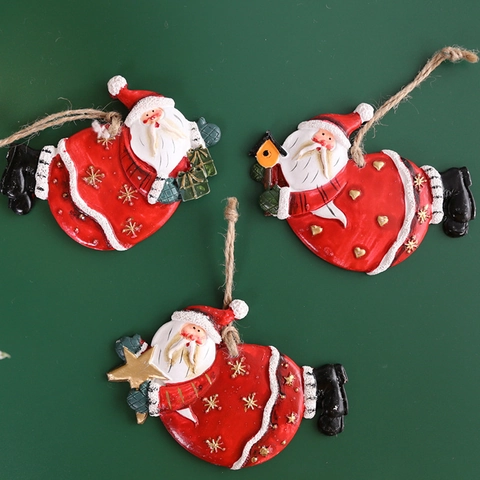 Resin Christmas Tree Hanging Ornaments Hand Painted Santa Snowman Gingerbread Man Rustic Holiday Decor With Jute Rope